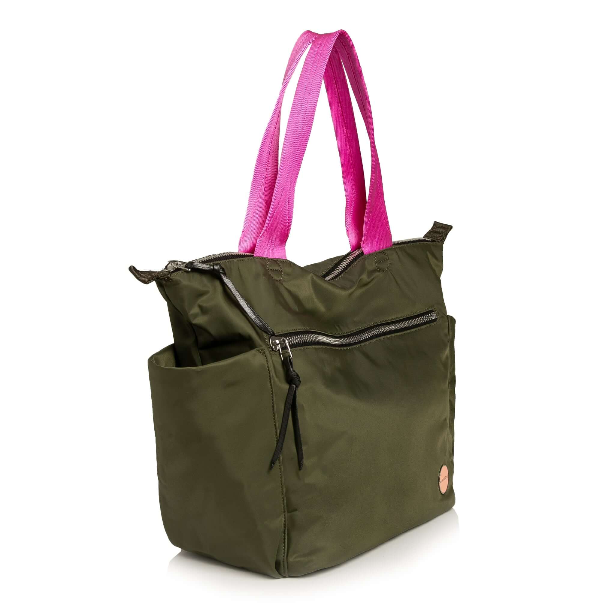 shortyLOVE tillie tote bag in army green; side angle view against white background.