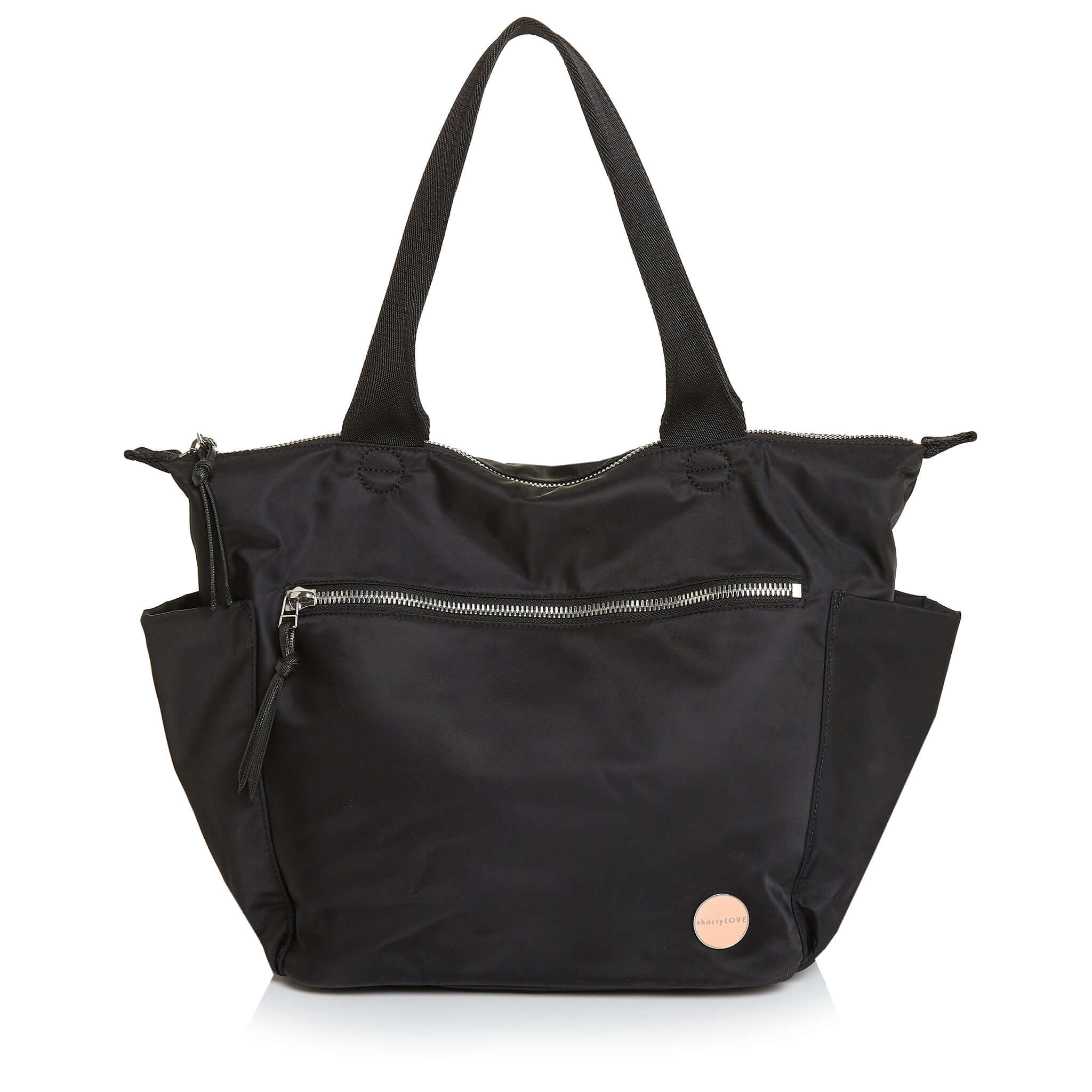 shortyLOVE tillie designer nylon tote handbag in black; front view against white background