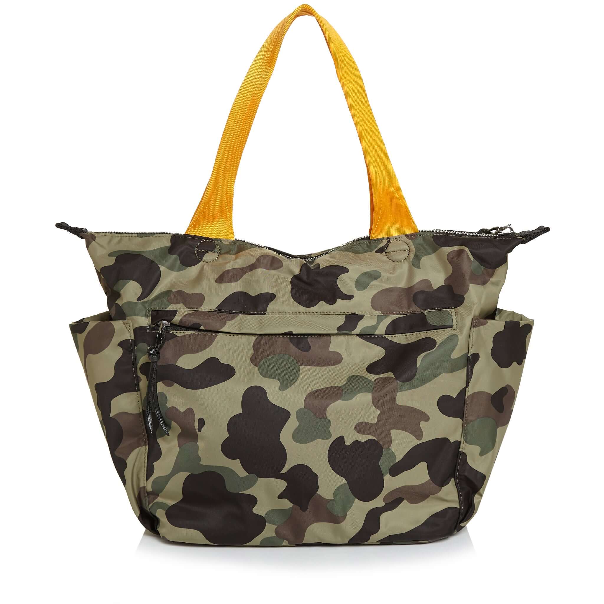 shortyLOVE tillie tote bag in green camo; back view against white background.