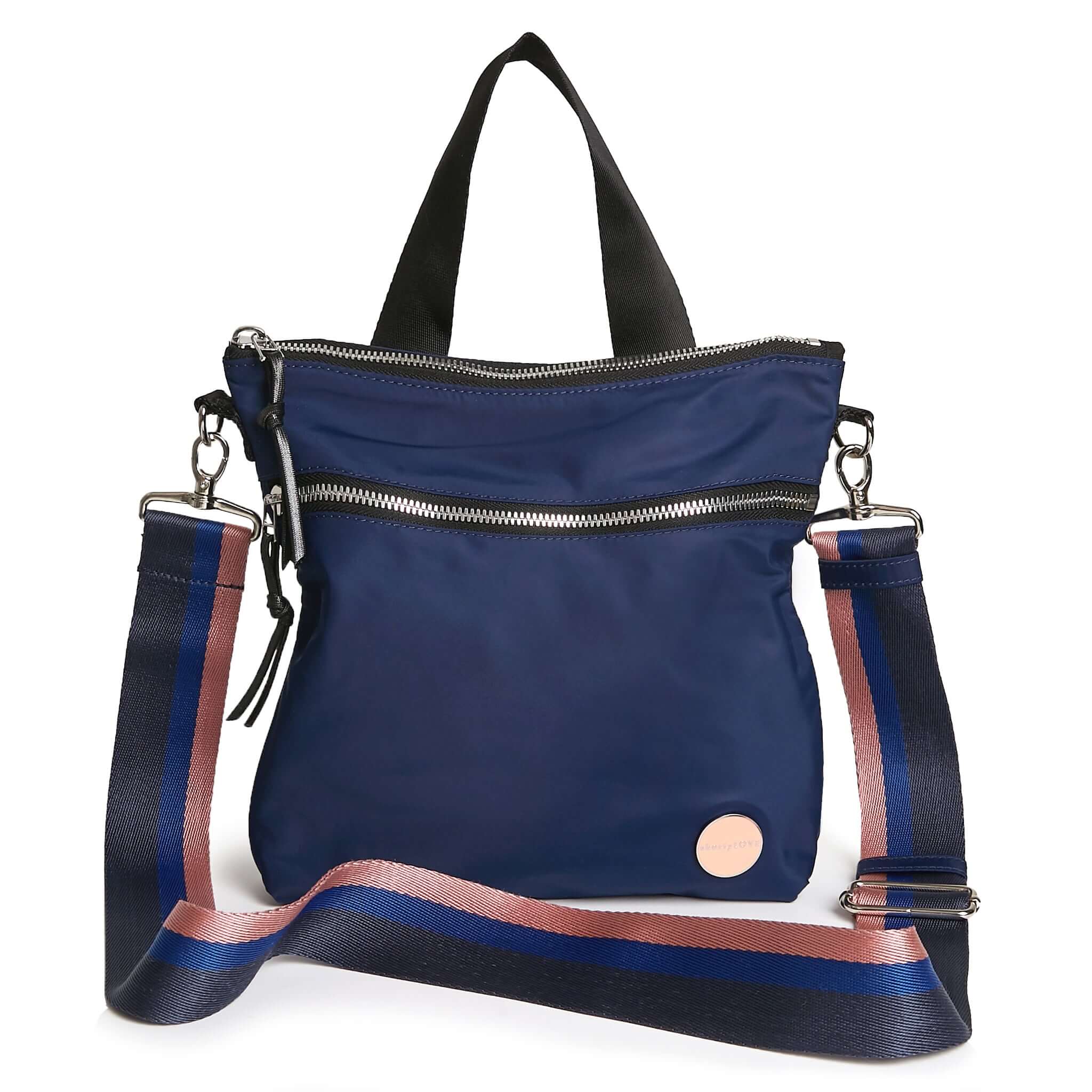 shortyLOVE boardwalk strap in navy/blue/pink; shown with amuse bag in navy.