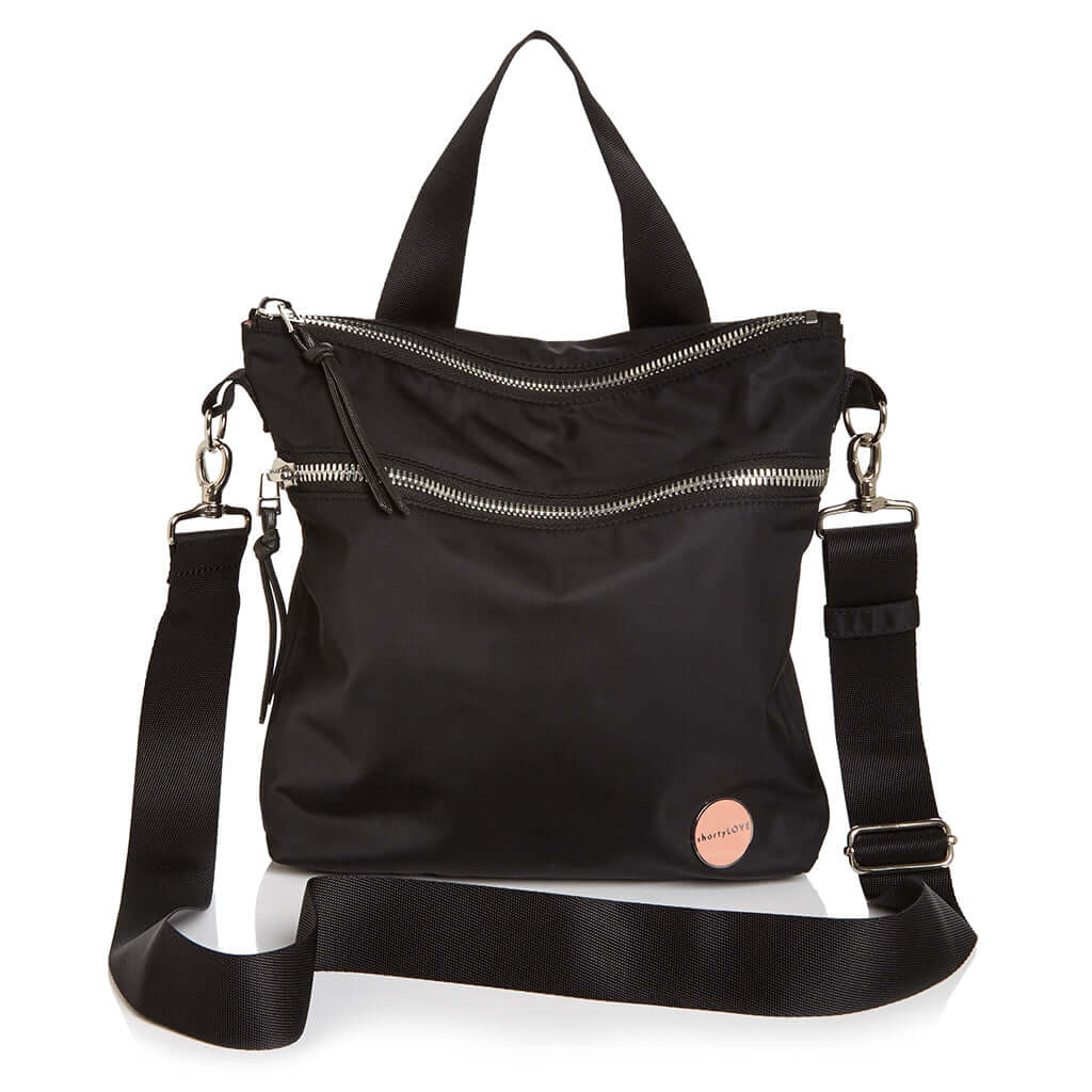 shortyLOVE amuse medium sized women’s nylon crossbody handbag in black; front view against white background