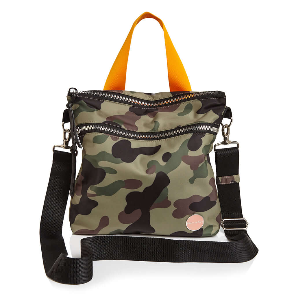 shortyLOVE amuse medium sized crossbody bag in green camo; front view against white background.