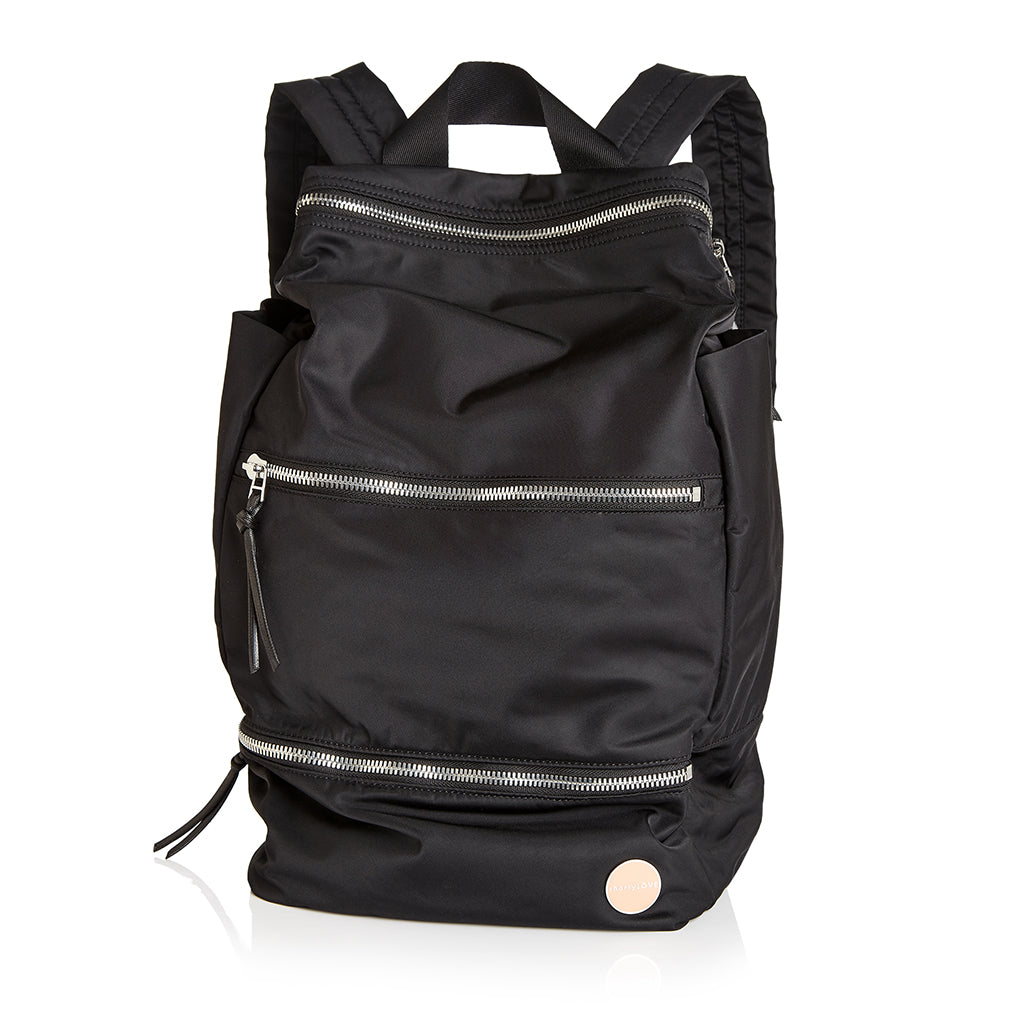 shortyLOVE boxer backpack in black; front view against white background