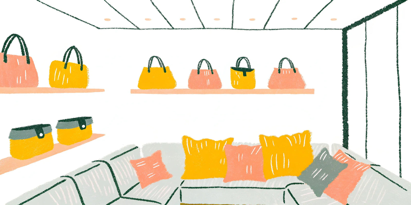 A collection of stylish large crossbody bags displayed on shelves in a modern boutique.