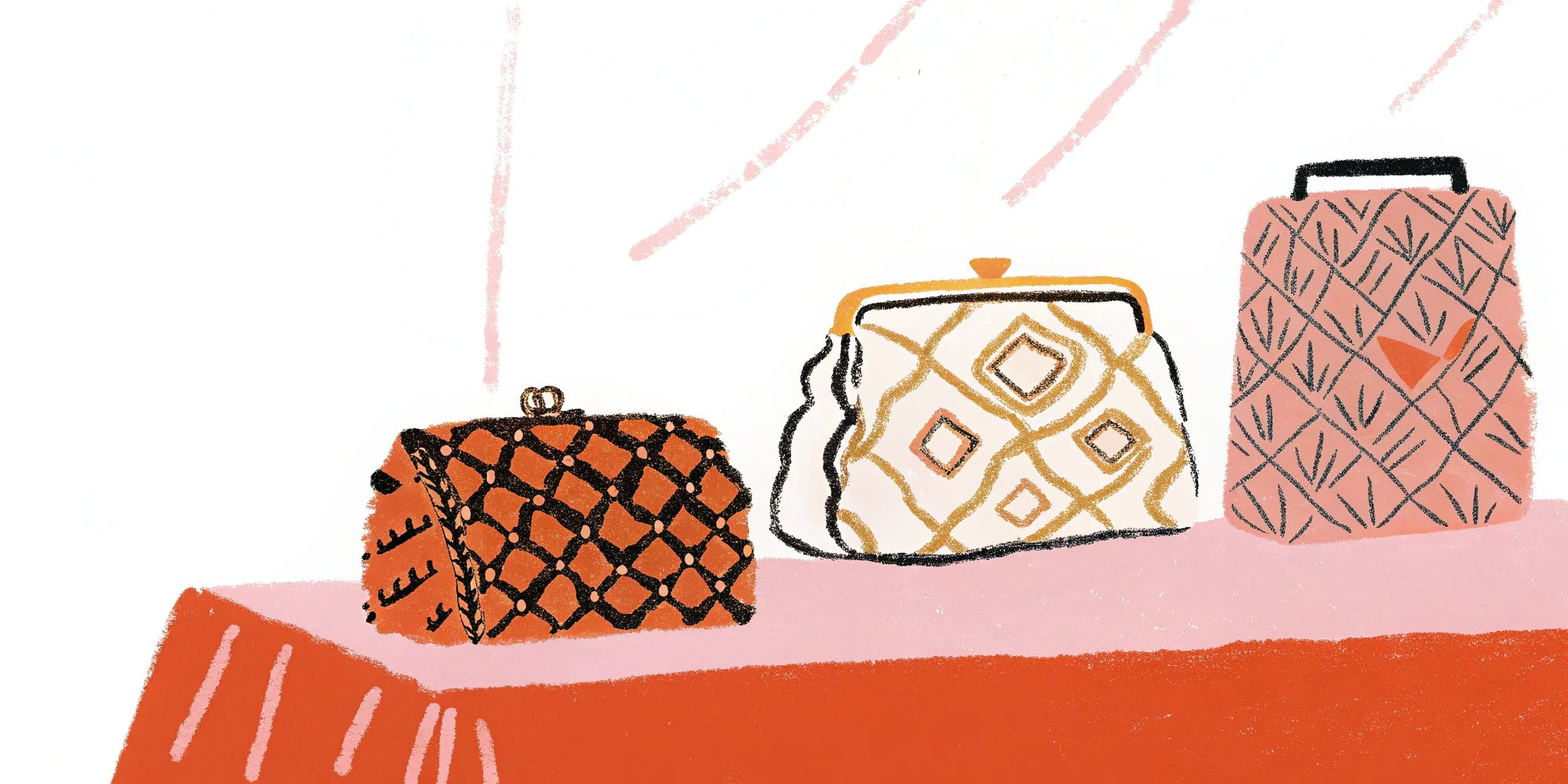 Stylish designer clutch bags on display.