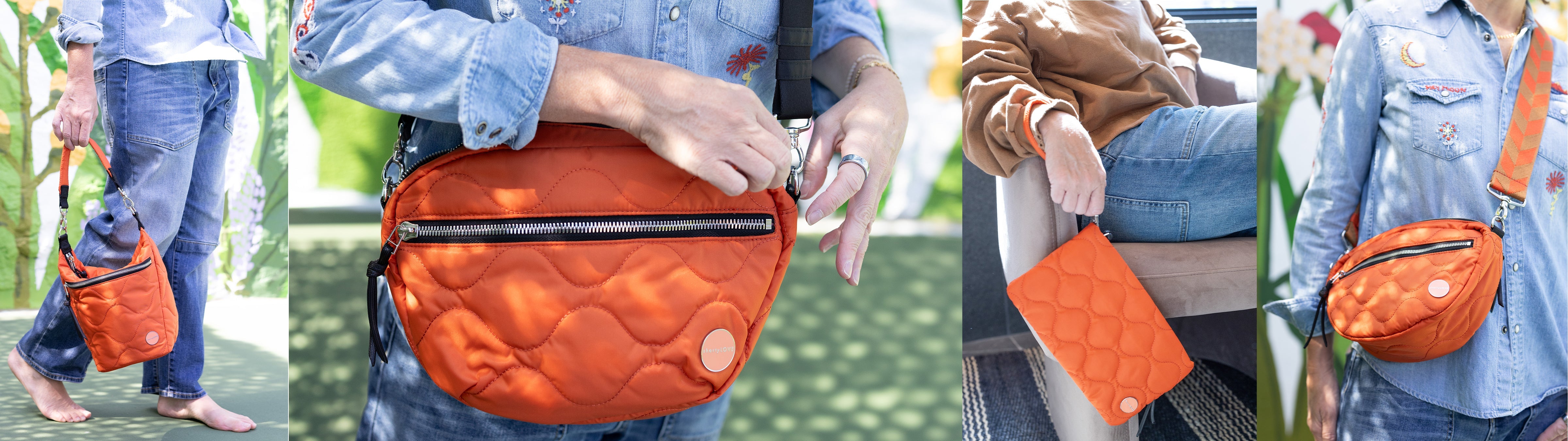 four images of shortyLOVE women's quilted handbags in orange