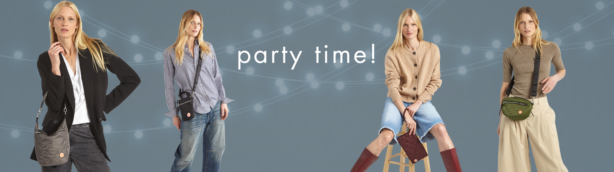 images of model with shortyLOVE crossbody bag, bucket bag, phone bag and clutch