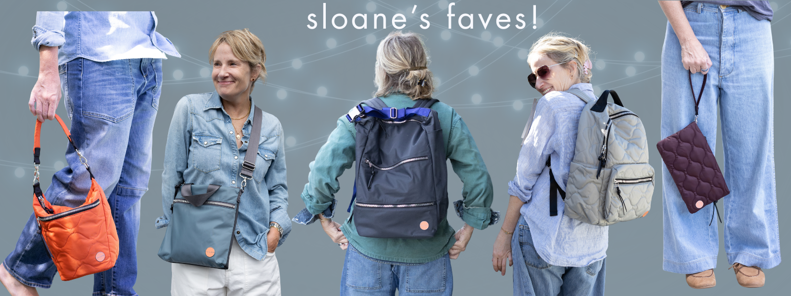 images of sloane wearing crossbody bags and a backpack