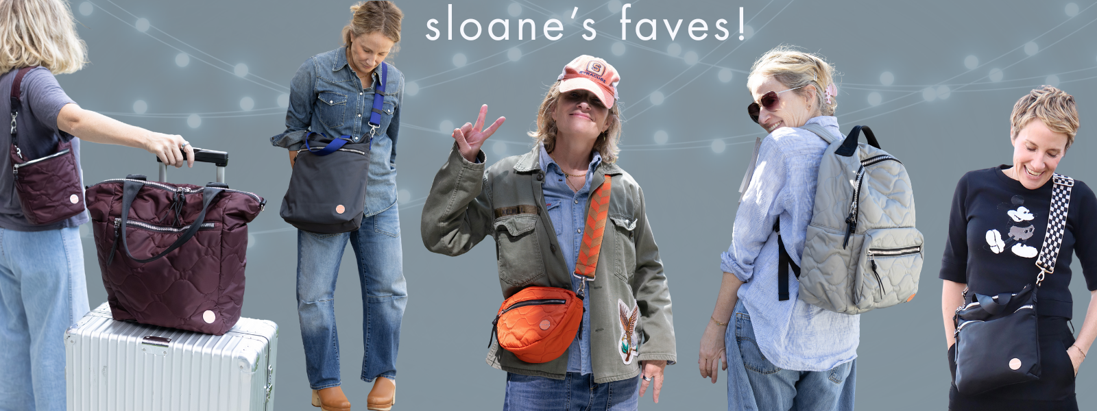 images of sloane wearing crossbody bags and a backpack