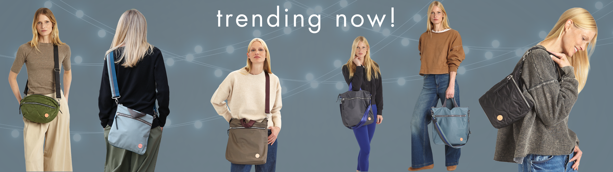 six images of blond model showcasing three shortyLOVE crossbody bags, a bucket bag, and a tote bag