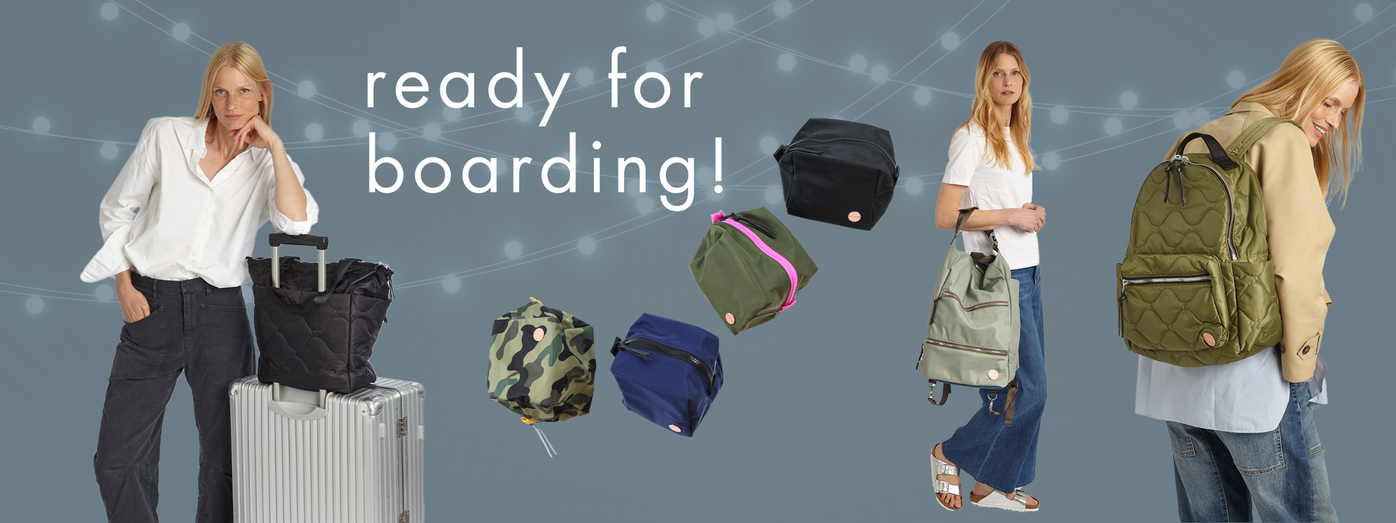 holiday image highlighting shortylove tote bag, cosmetic bags, and two types of backpacks for women