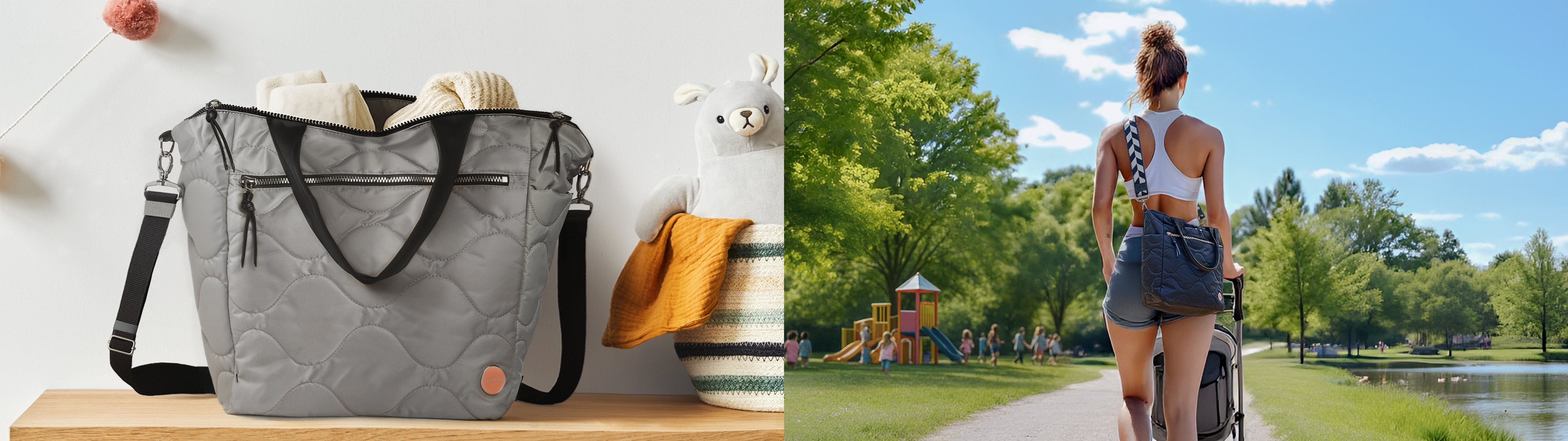2 images of the ranger quilted tote, one in milky grey atop a baby dresser and one in black on the back of a mom pushing her baby in a sporty stroller through a sunny park.
