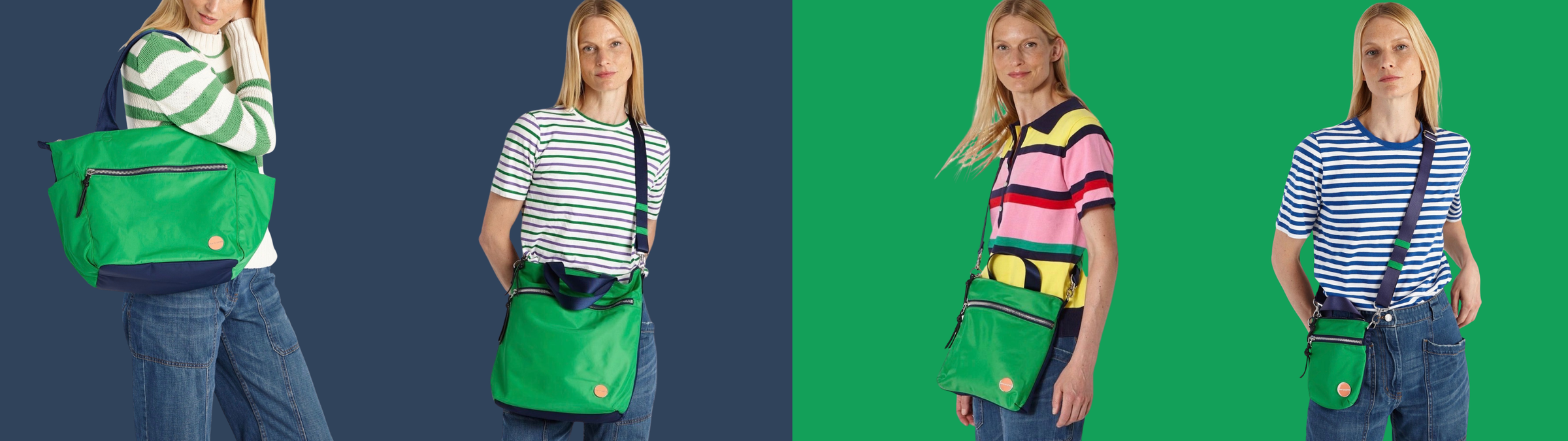 four images of blond model wearing the 4 styles of shortyLOVE bag - the shorthand, amuse, wonder and tillie - it the new grass green/navy colorway