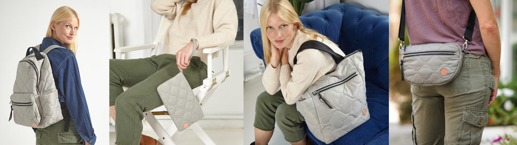 4 images of model with our milky grey tote, crossbody, backpack and clutch.