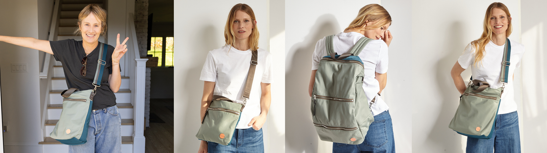 three model photos of shortyLOVE crossbody amuse and wonder bags in slate/teal color blocked combination and one image of the large boxer backpack in slate/teal.