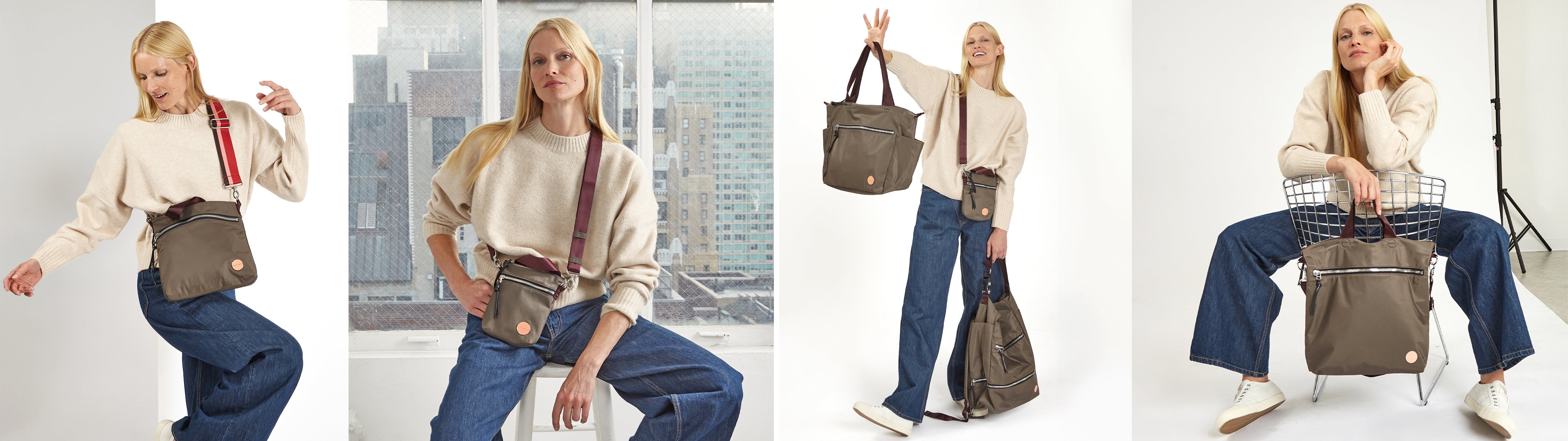 model in a cream sweater and jeans wears a variety of shortyLOVE bags in mocha