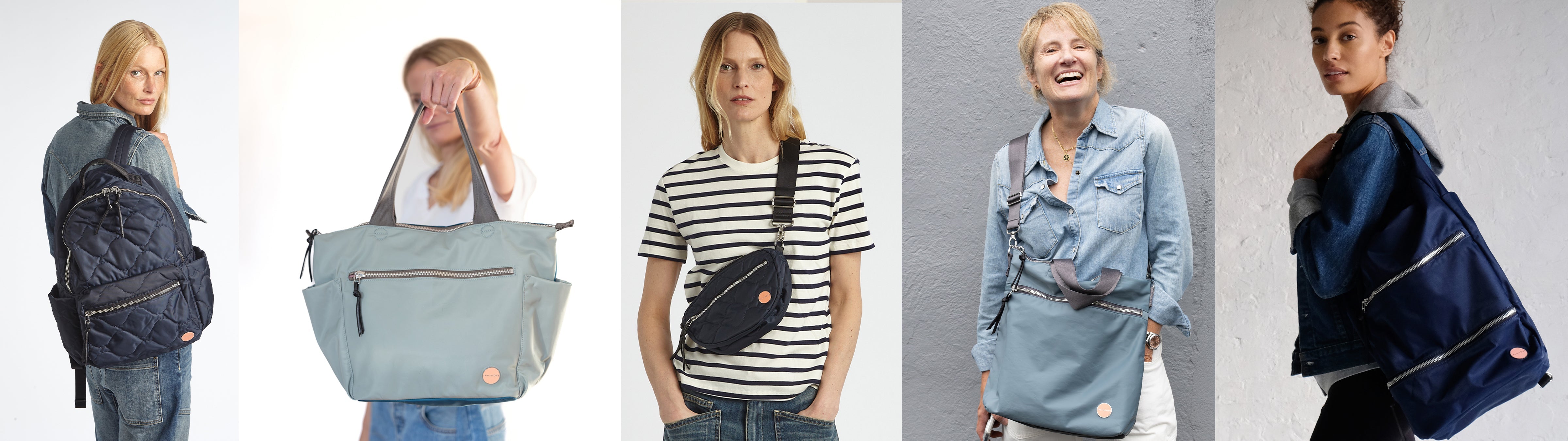 Five images of shortLOVE bags in the following shades of blue - navy, midnight, slate/teal, and steel