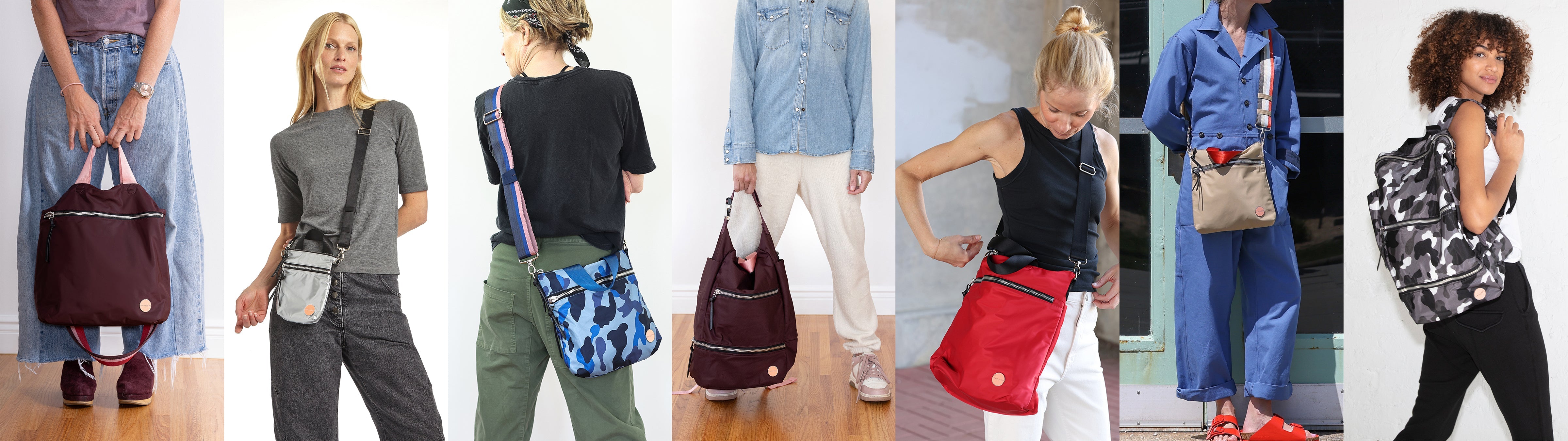 7 vertical images of models wearing a shortyLOVE crossbody bag, tote bag or backpack in one of our colorways on sale