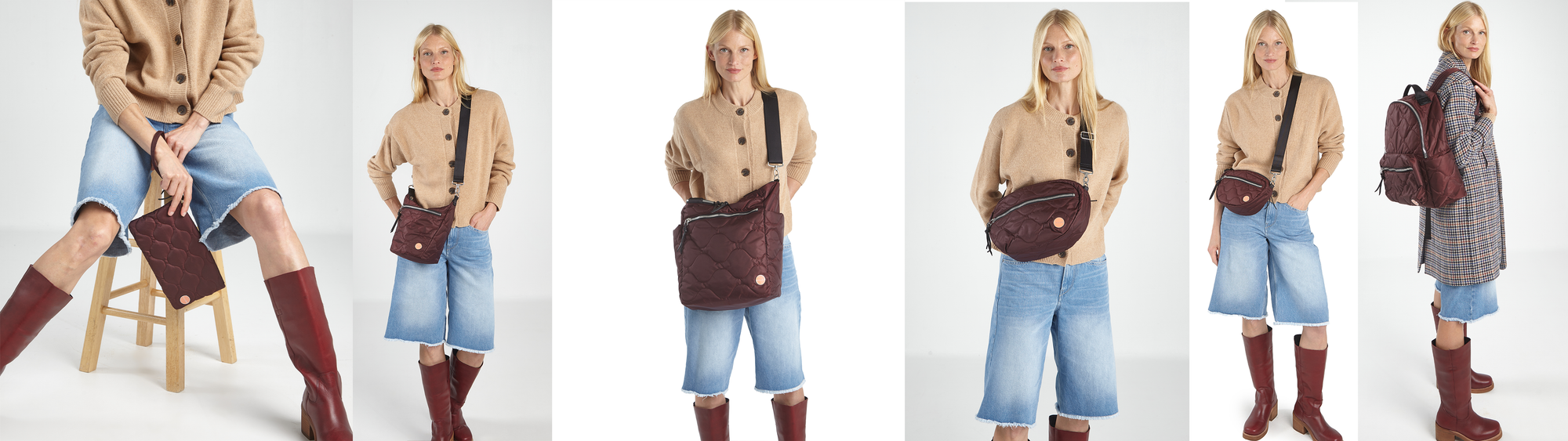 image with model in 5 poses with different wave quilt crossbody, backpack and tote bags, all in a rich Bordeaux color