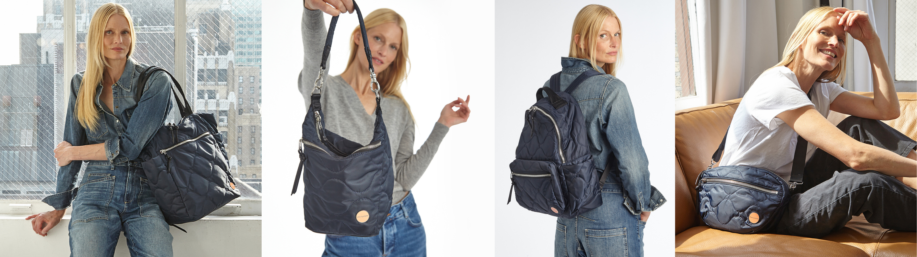 4 images of blond model wearing a 4 versions of the shortyLOVE wave quilt bags (a tote, bucket bag, backpack and crossbody) in midnight blue.