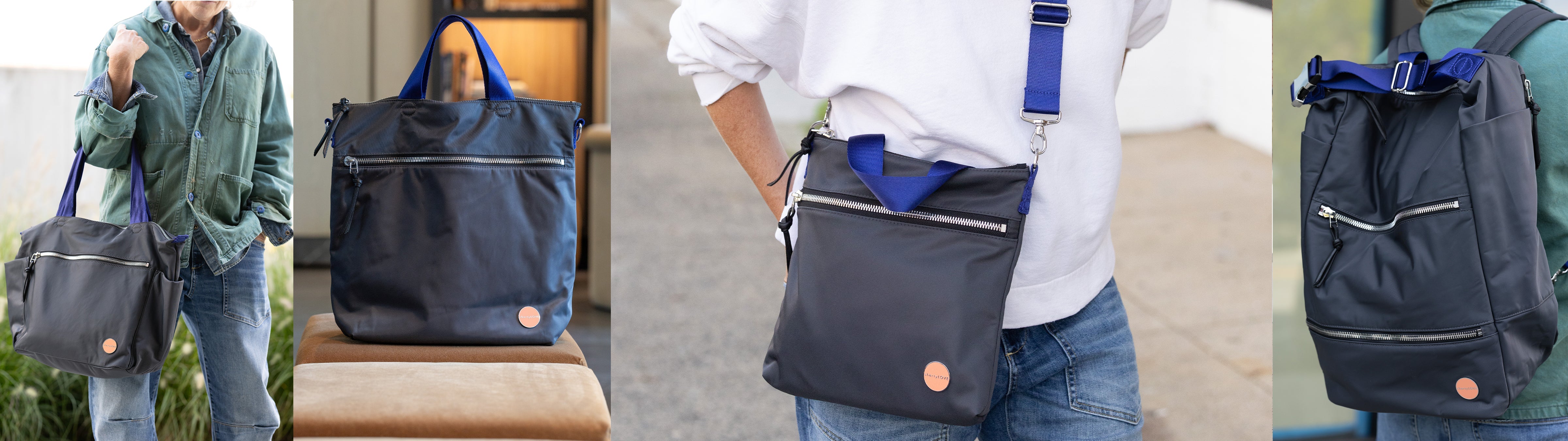four images of shortyLOVE handbags in charcoal with blue violet handles and straps