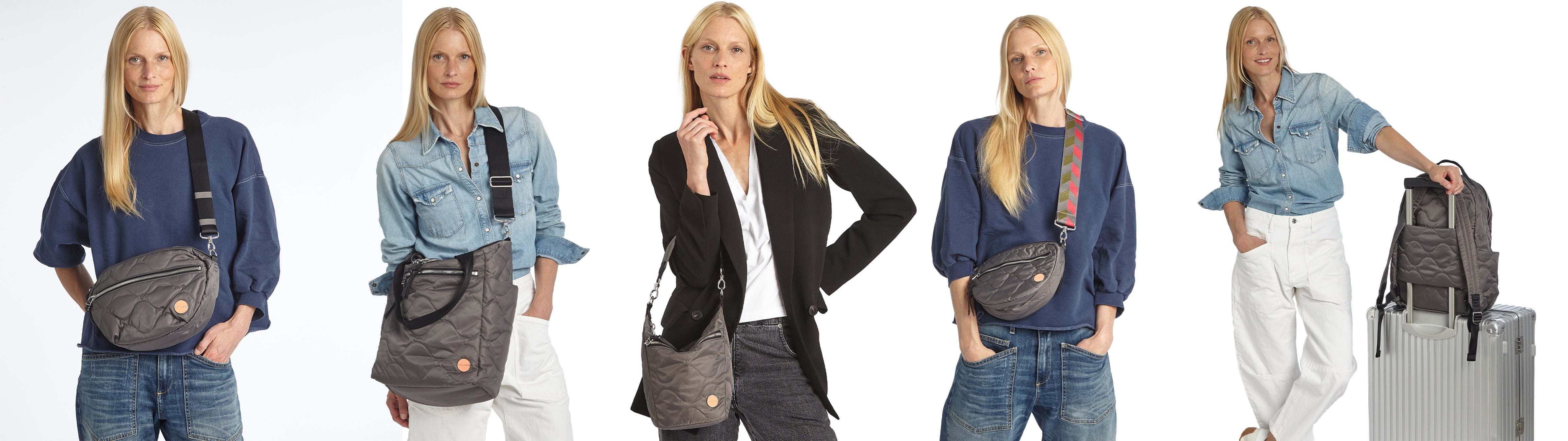 5 images of model wearing the shortyLOVE wave quilt crossbody, tote, and backpack in pewter grey.