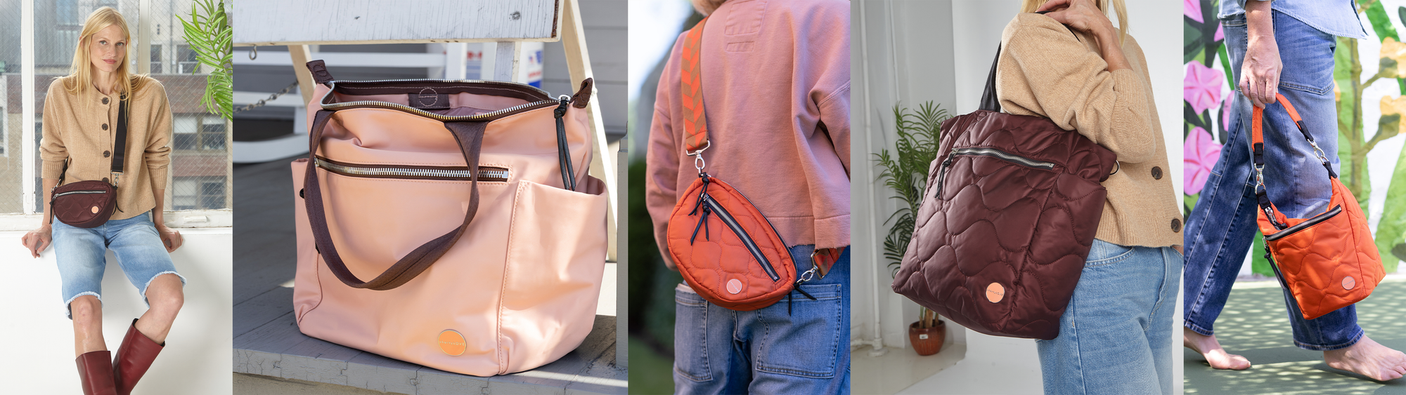 five images of shortyLOVE bags - 3 crossbodies and two totes in orange, Bordeaux and peach.