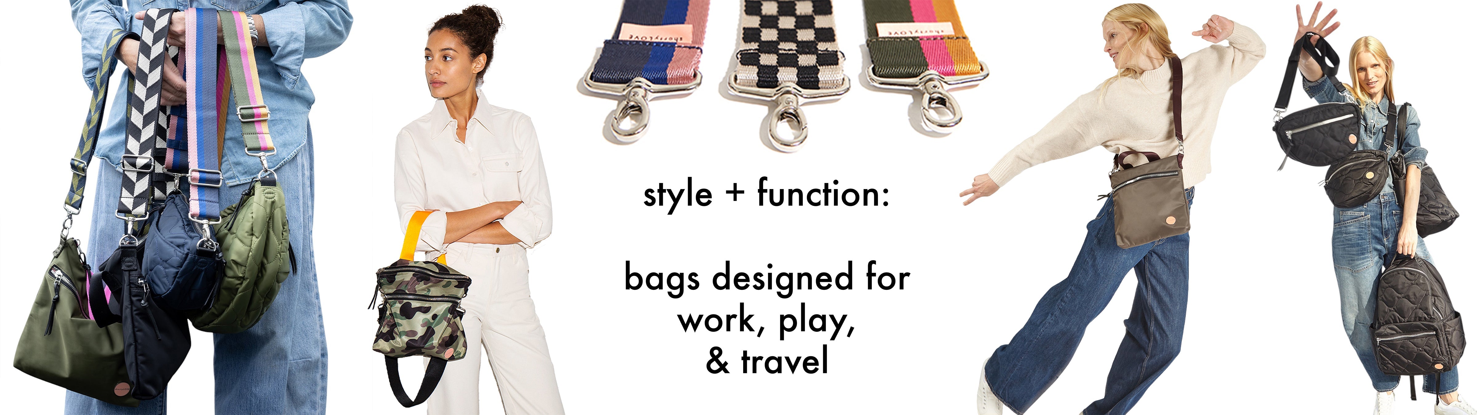 image with various photos of shortyLOVE bags and straps with models and copy that reads "style + function: bags designed for work, play & travel".