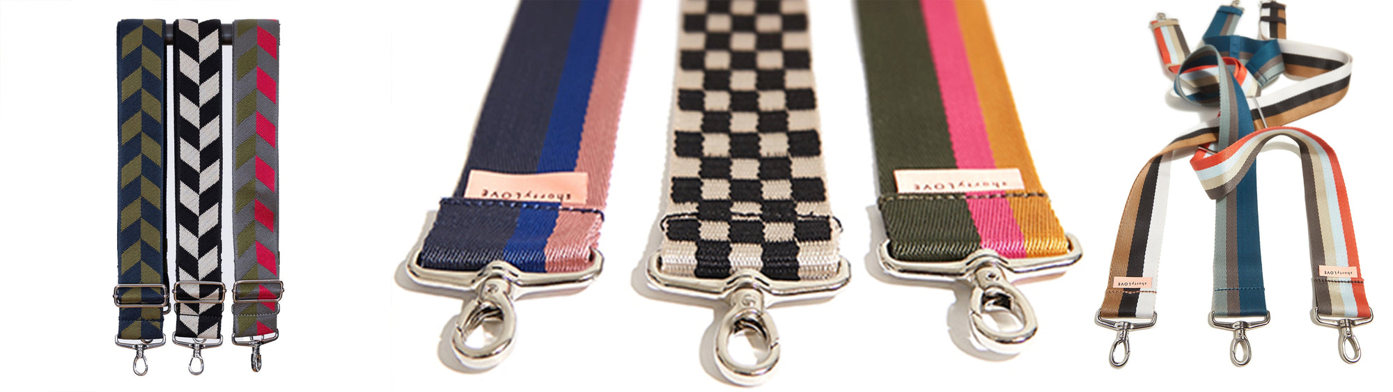 3 images of various boardwalk crossbody bag straps in various colors.