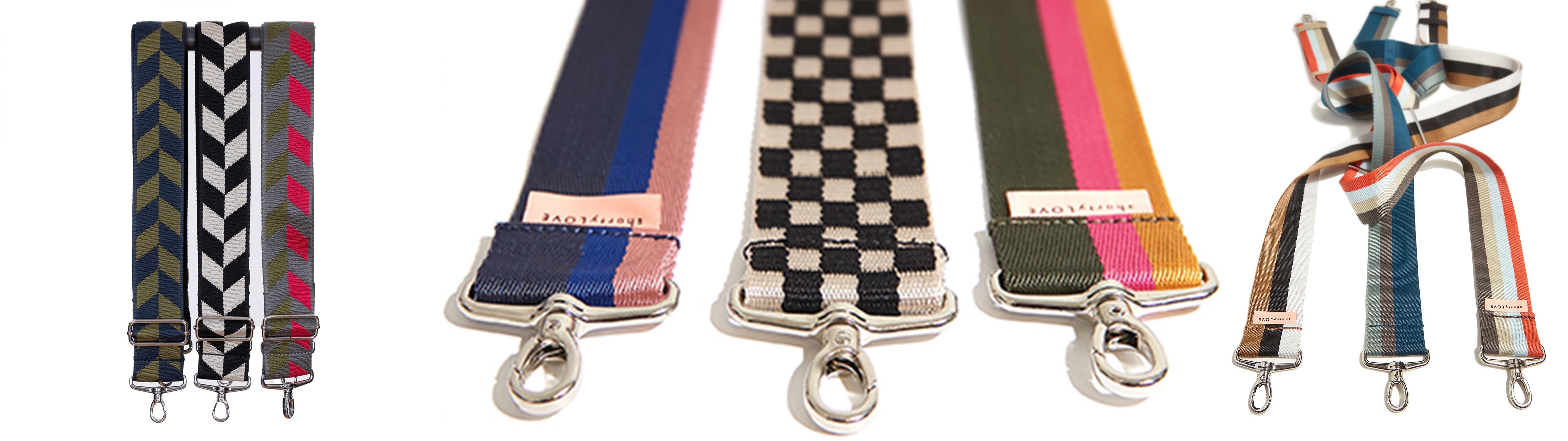 3 images of various boardwalk crossbody bag straps in various colors.