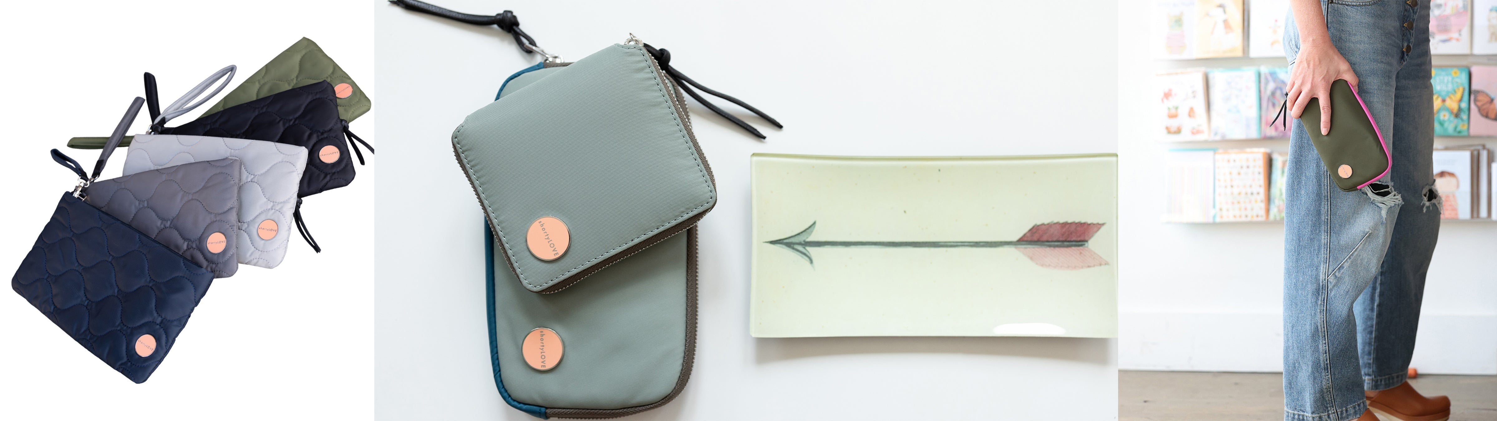 3 images - one of our wave quilt wristlet clutches ; one of our merchant wallet and jetty wallet/clutch in slate/teal; and one of our jetty wallet/clutch in army green