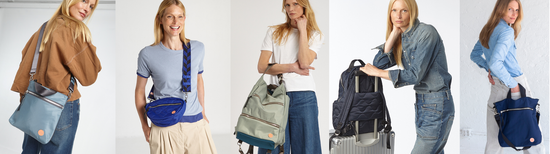 Five images of shortLOVE bags in the following shades of blue - navy, midnight, slate/teal, and steel