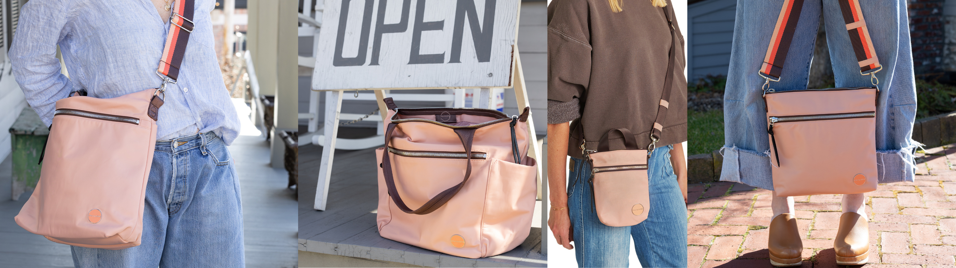 four images of shortyLOVE handbags in charcoal with blue violet handles and straps