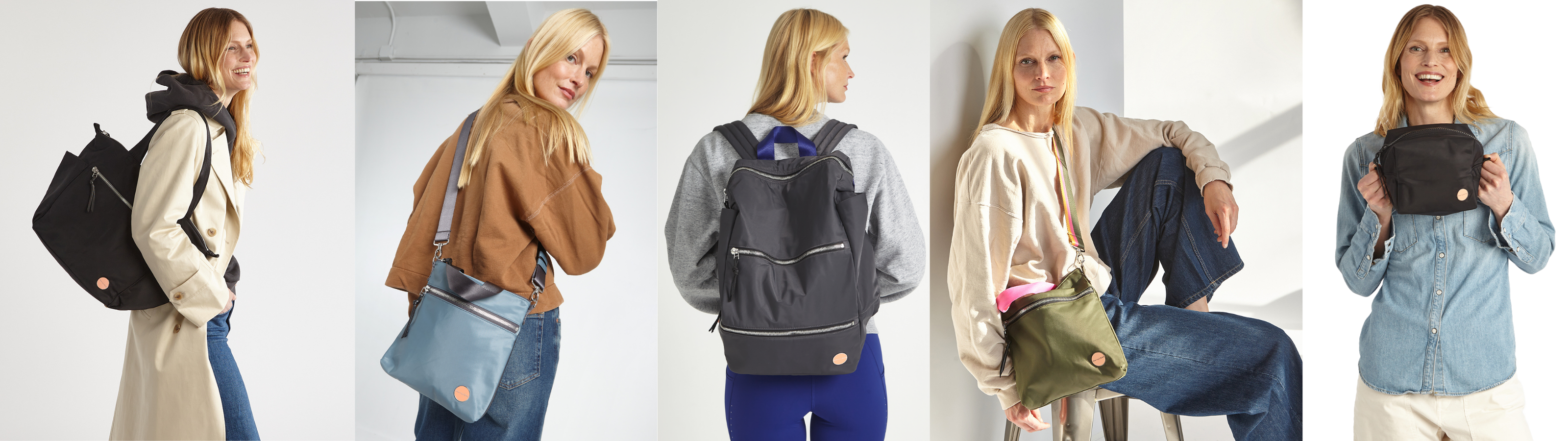 five side by side images of the o.g. collection of handbags (all in black) being worn by the same model in various outfits.