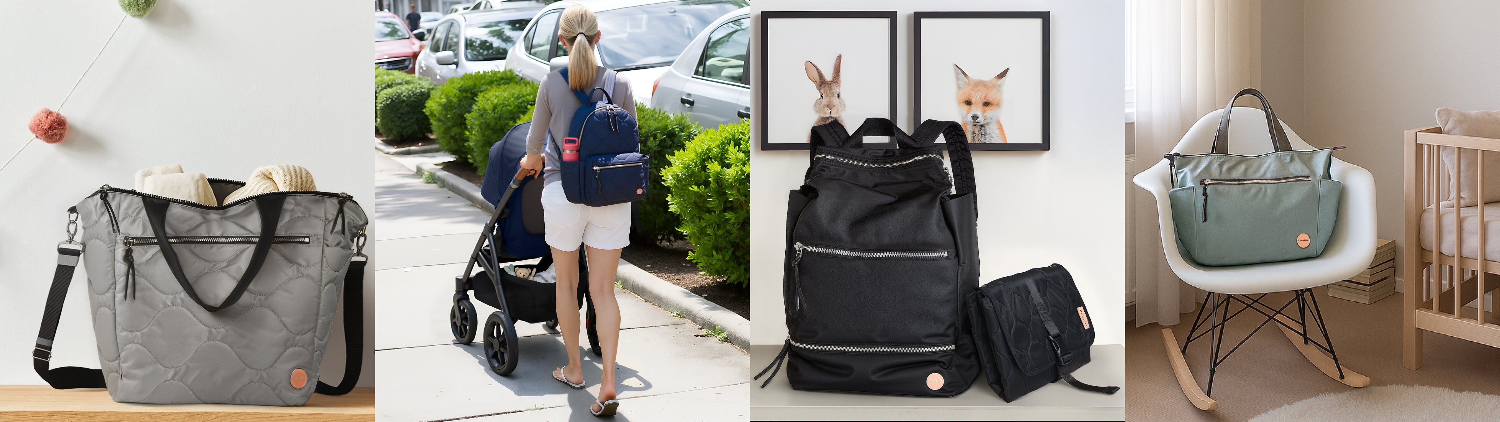 4 images of shortyLOVE baby/diaper bags - the ranger quilted tote, tate quilted backpack, boxer backpack (with biz baby changing mat) and tillie tote bag