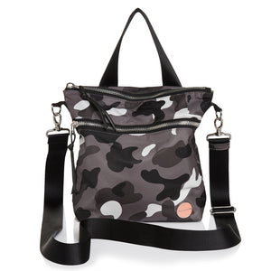 shortyLOVE amuse medium sized crossbody bag in grey camo; front view against white background.