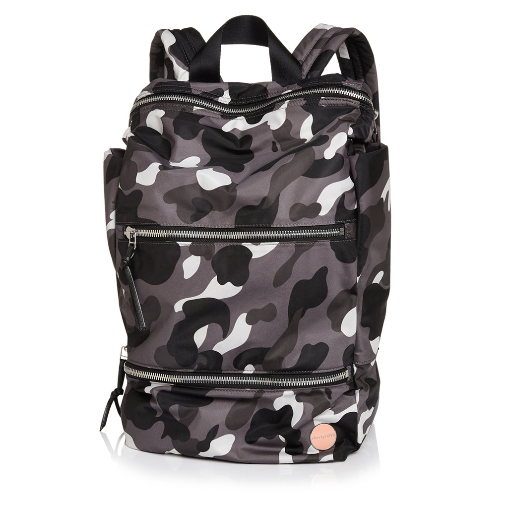 shortyLOVE boxer backpack in grey camo; front view against white background.