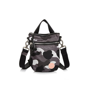 shortyLOVE shorthand small crossbody bag in grey camo; front view against white background.