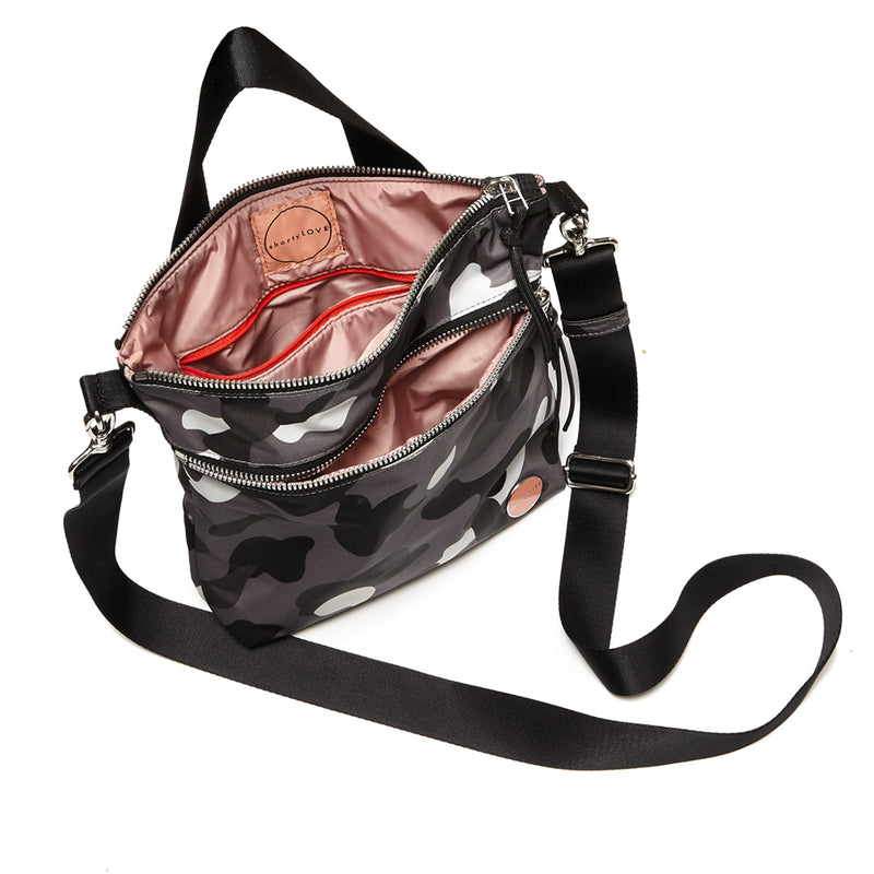 shortyLOVE amuse medium sized crossbody bag in grey camo; top-down view showing interior grey camo lining against white background.