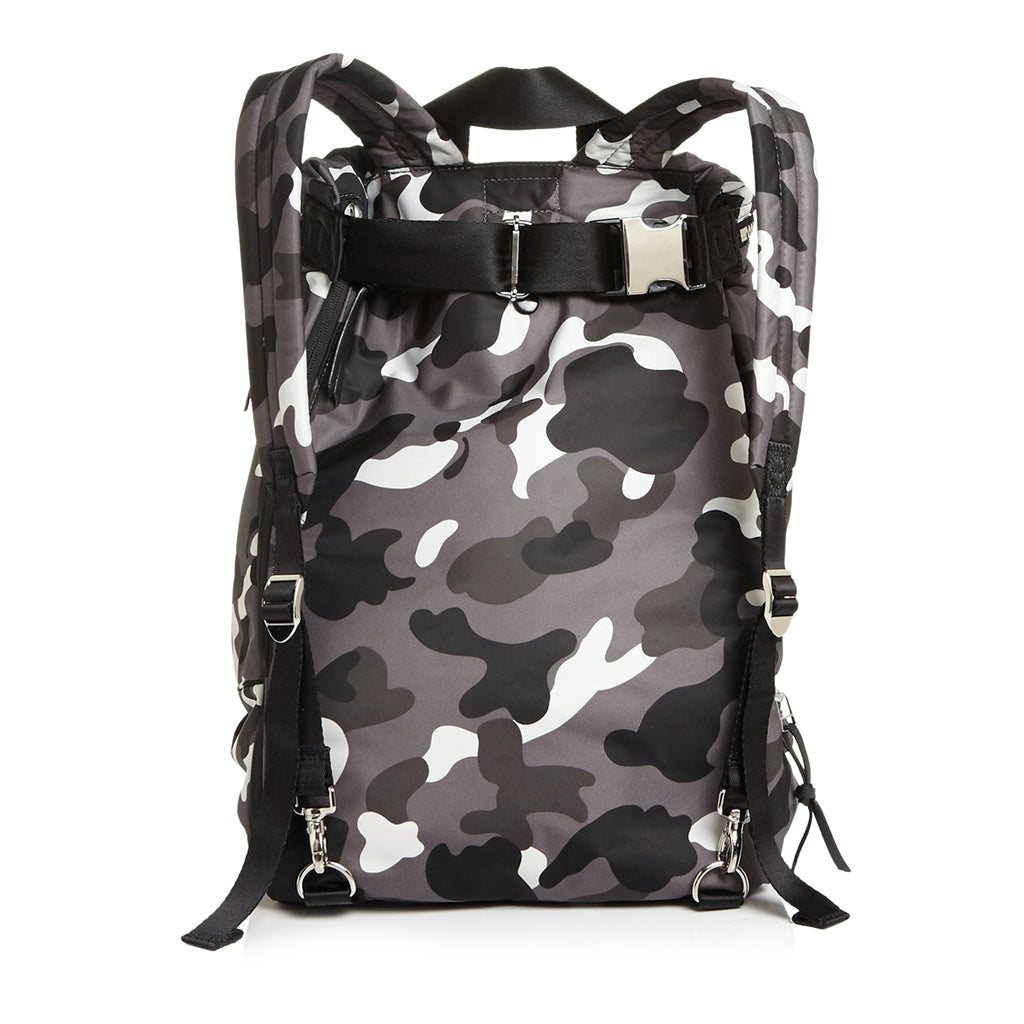 shortyLOVE boxer backpack in grey camo; back view against white background.