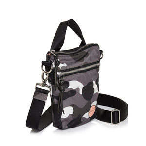 shortyLOVE shorthand small crossbody bag in grey camo; side angle view against white background.