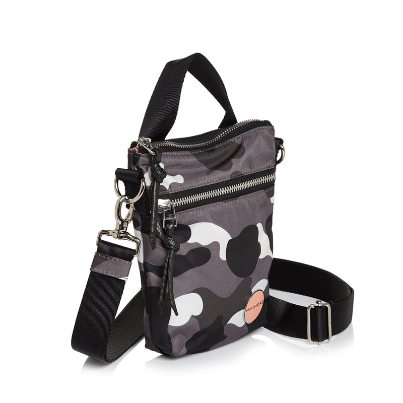 shortyLOVE shorthand small crossbody bag in grey camo; side angle view against white background.