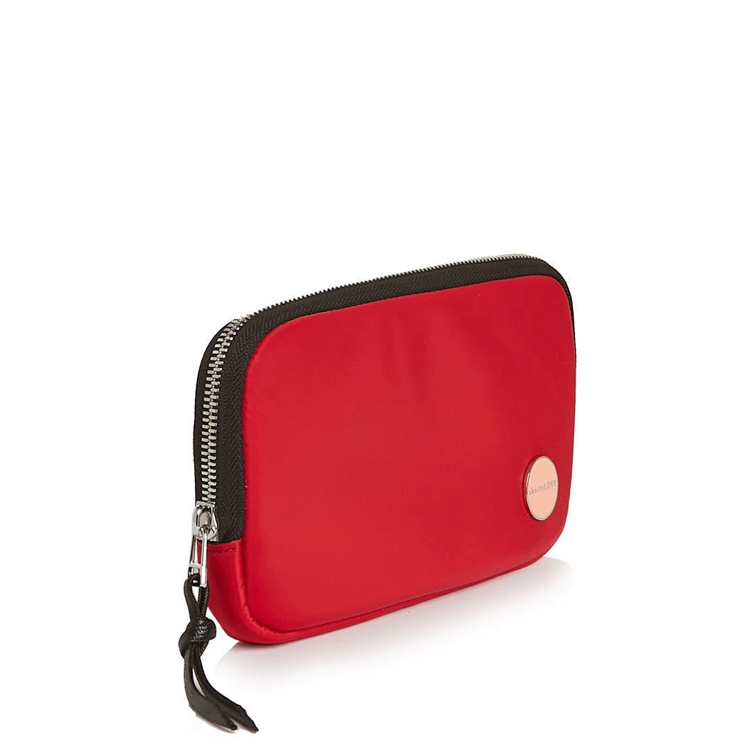 shortyLOVE jetty clutch/wallet in red; side view against white background.