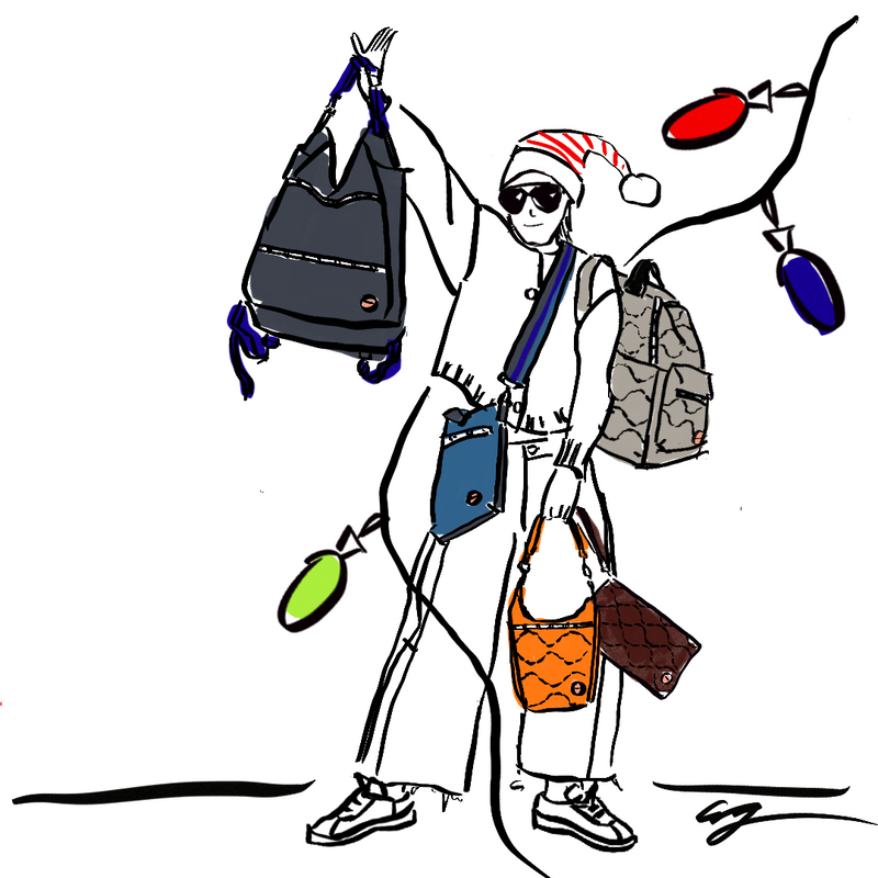 Illustration of a person carrying multiple bags with various colors and styles.