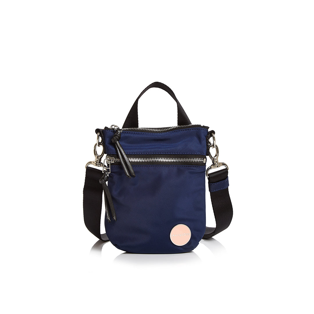 shortyLOVE shorthand crossbody phone bag in navy; front view against white background.