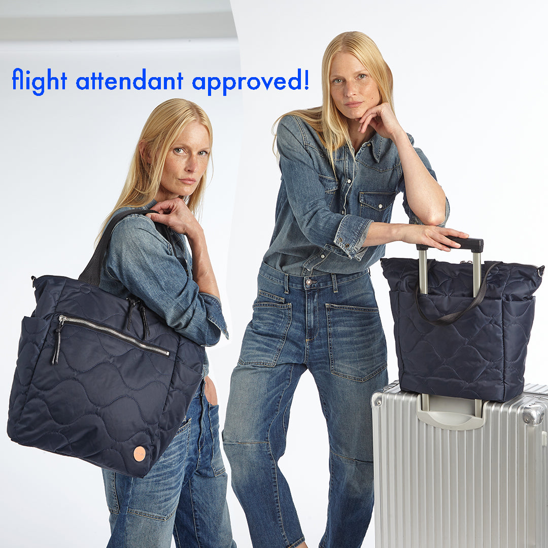 Five images of shortLOVE bags in the following shades of blue - navy, midnight, slate/teal, and steel