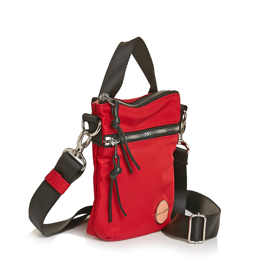 shortyLOVE shorthand small crossbody bag in red; side view against white background.