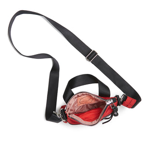 shortyLOVE shorthand small crossbody bag in red; top-down view showing interior blush lining against white background.