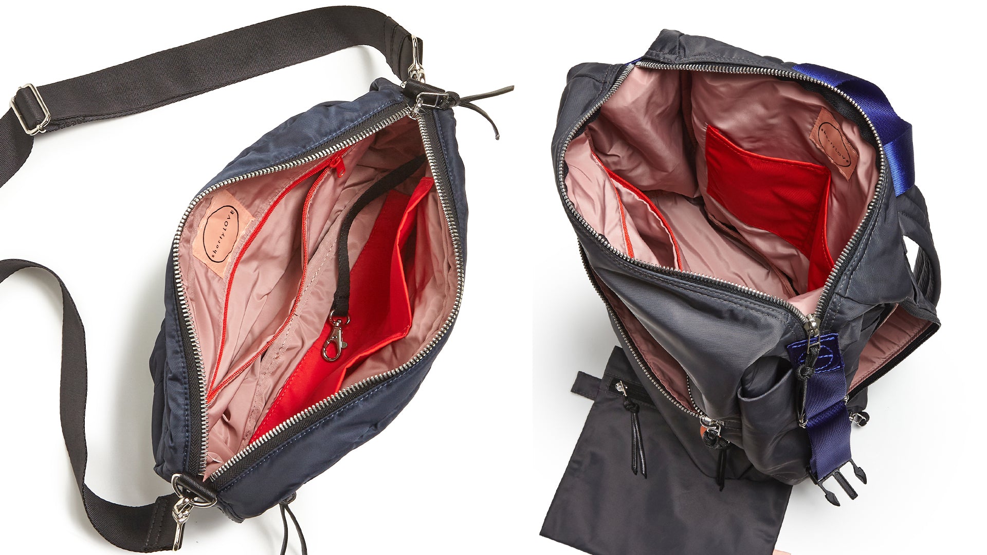 image showing the blush colored interior of a shortyLOVE crossbody bag and boxer large travel backpack