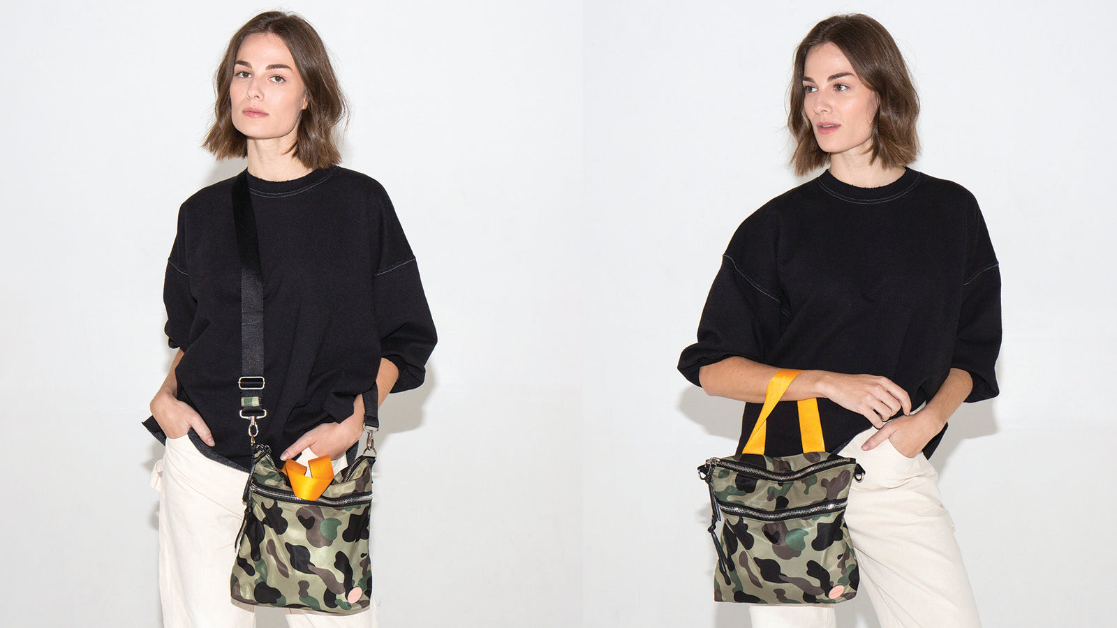 Two pictures of model wearing a green camo crossbody bag across shoulder and over arm.